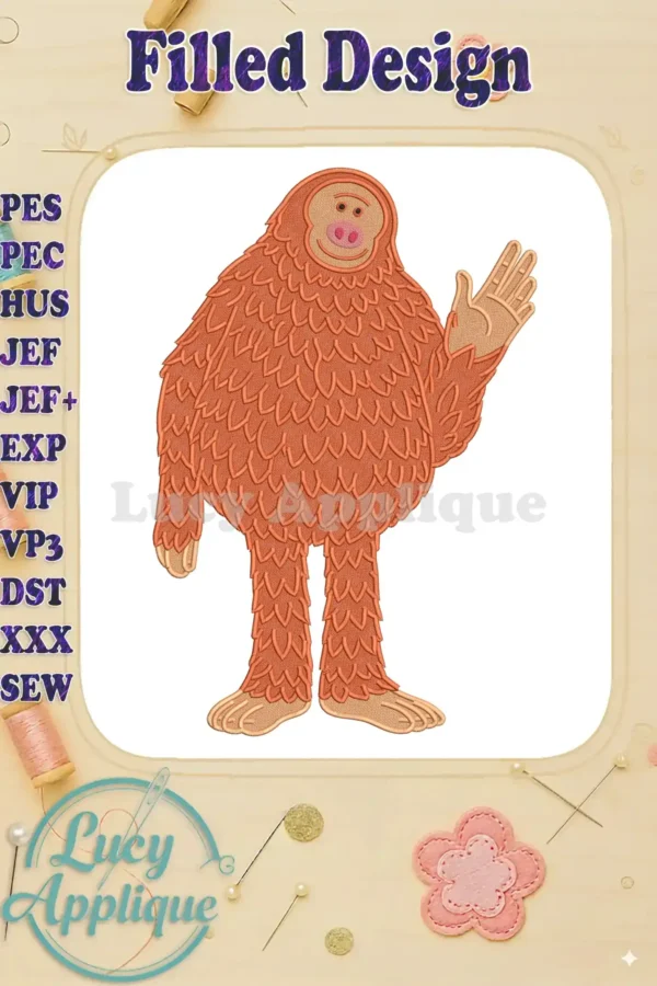 A charming, fluffy orange 'Missing Link' creature, designed with detailed fill embroidery, waving a friendly hand.