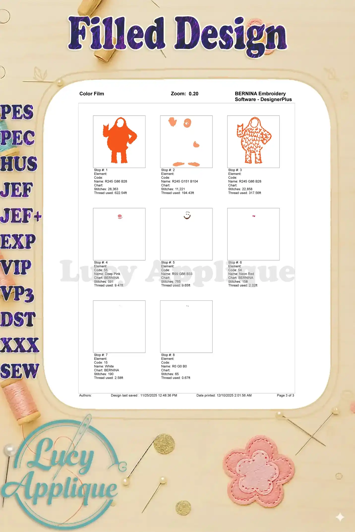 Color film breakdown of the 'Missing Link' fill embroidery design, illustrating each stitching stop and thread usage.