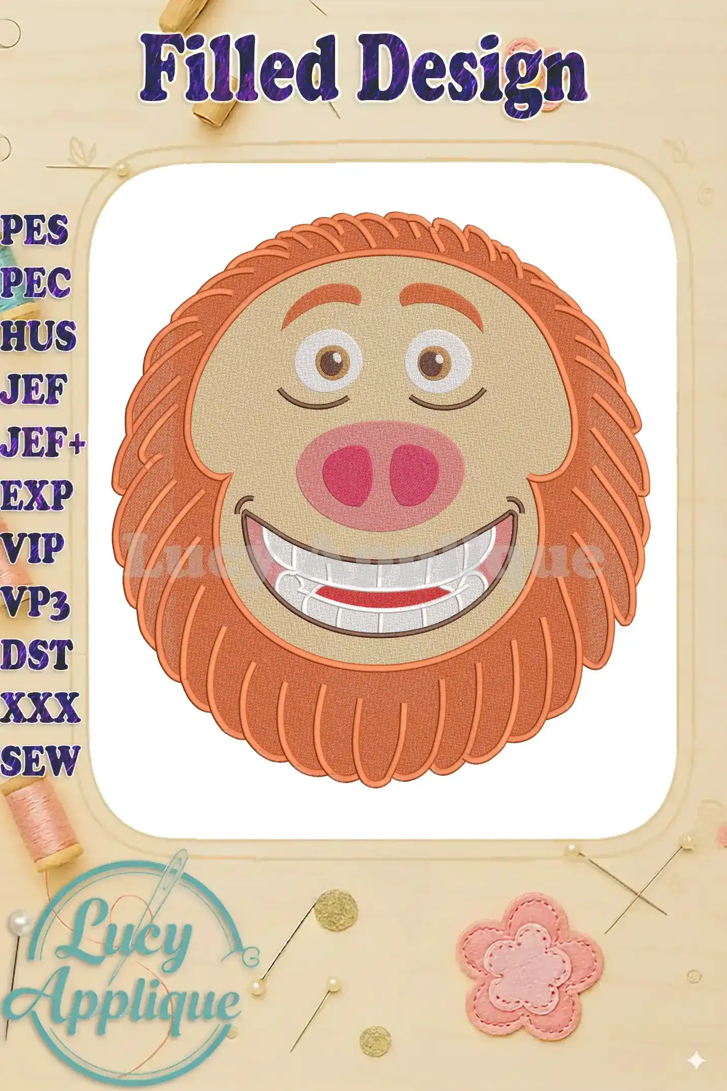 Detailed fill embroidery design of a smiling, shaggy-haired character, Mr. Link, from 'Missing Link' movie, on a white background.