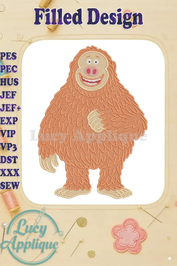 Full-body view of Link, the friendly, orange-brown, furry monster from Missing Link, a vibrant fill embroidery design.