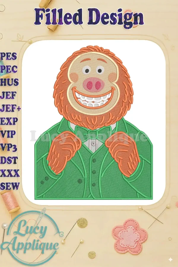 High-quality Mr. Link fill embroidery design, featuring his signature green suit and joyful, detailed expression.