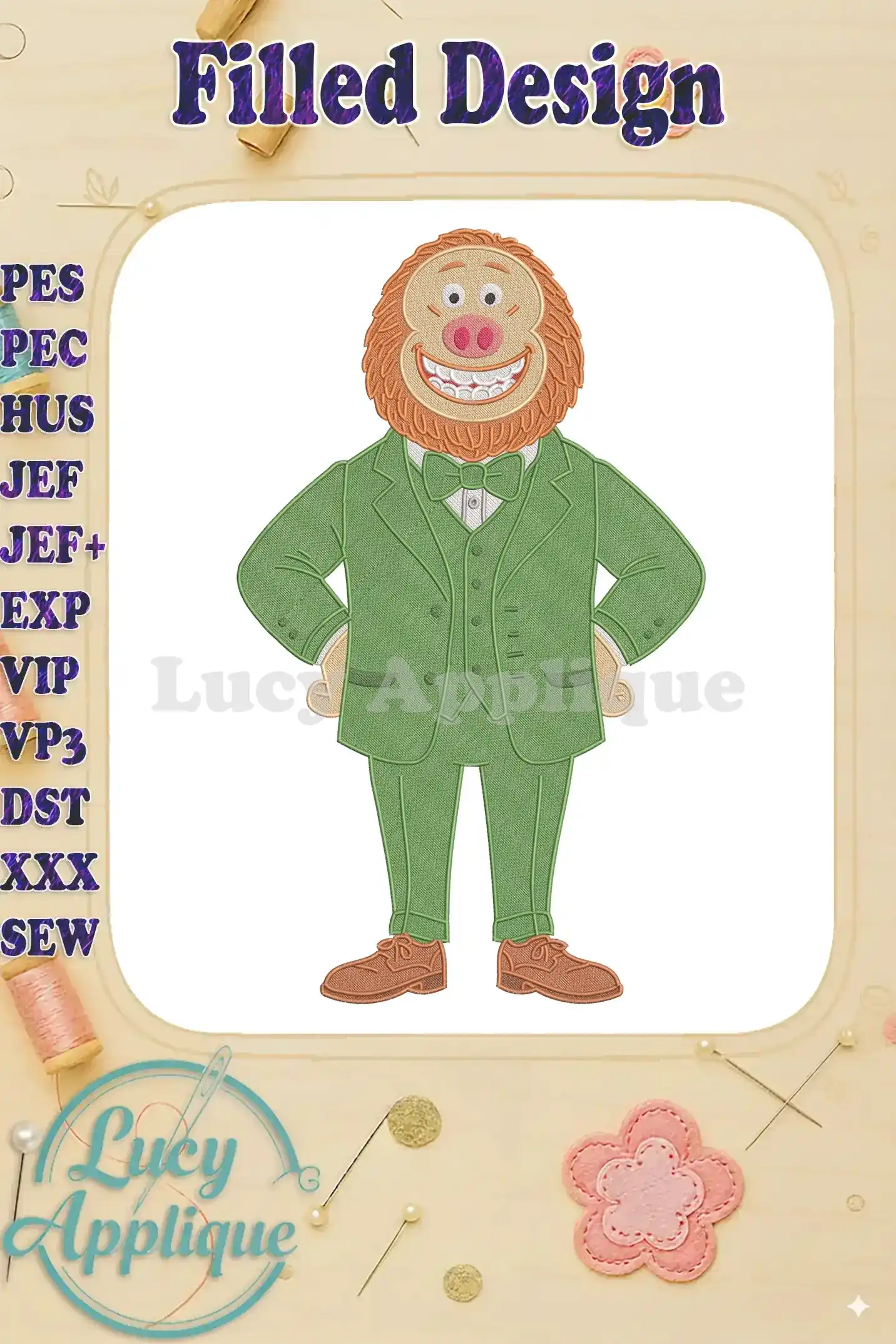 Missing Link Muppet character fill embroidery design, featuring his signature green suit and joyful expression.