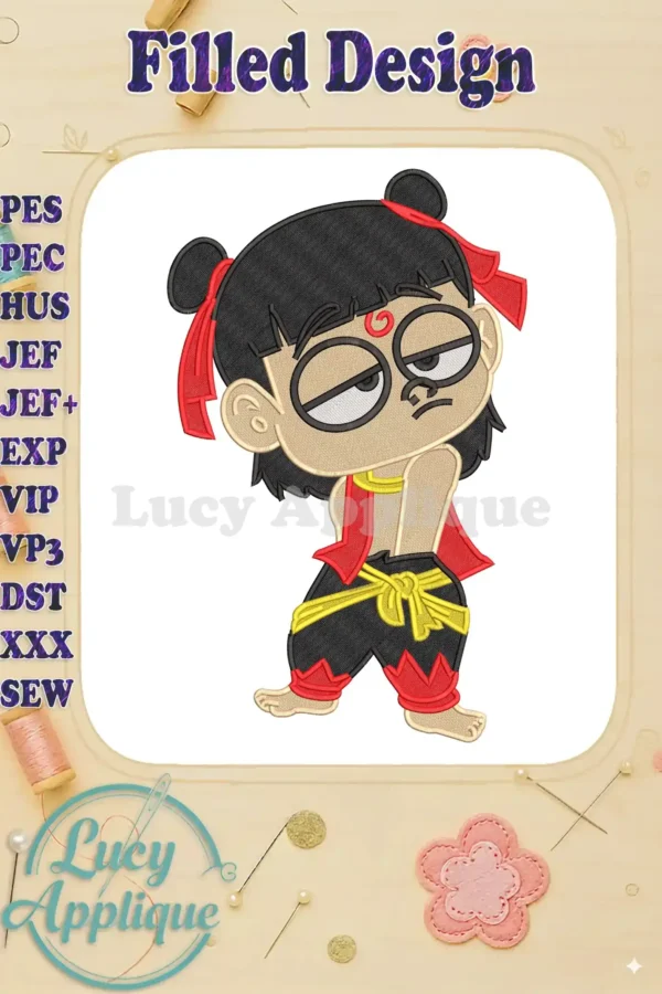 A vibrant fill embroidery design featuring a stylized, expressive Ne Zha from Ne Zha 2, ready for your projects.