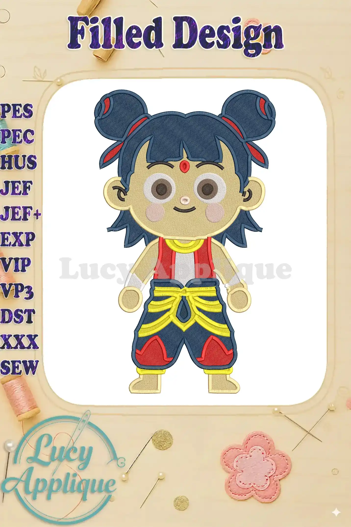 A vibrant fill embroidery design of Ne Zha, featuring his iconic red bindi, blue hair buns, and combat attire.