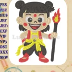 Ne Zha 2 smiling boy with flaming staff fill embroidery designs - Instant Download