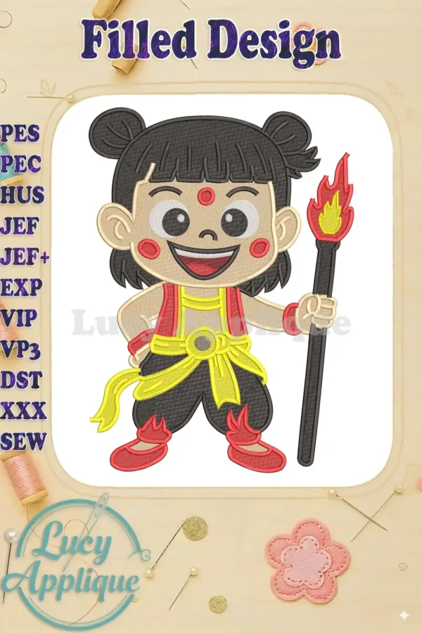 Vibrant Ne Zha 2 fill embroidery design featuring a cheerful character with a fiery spear, ready for action.