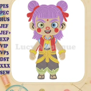 Vibrant Ne Zha 2 fill embroidery design featuring a cheerful, cartoon-style character with purple hair and colorful attire.