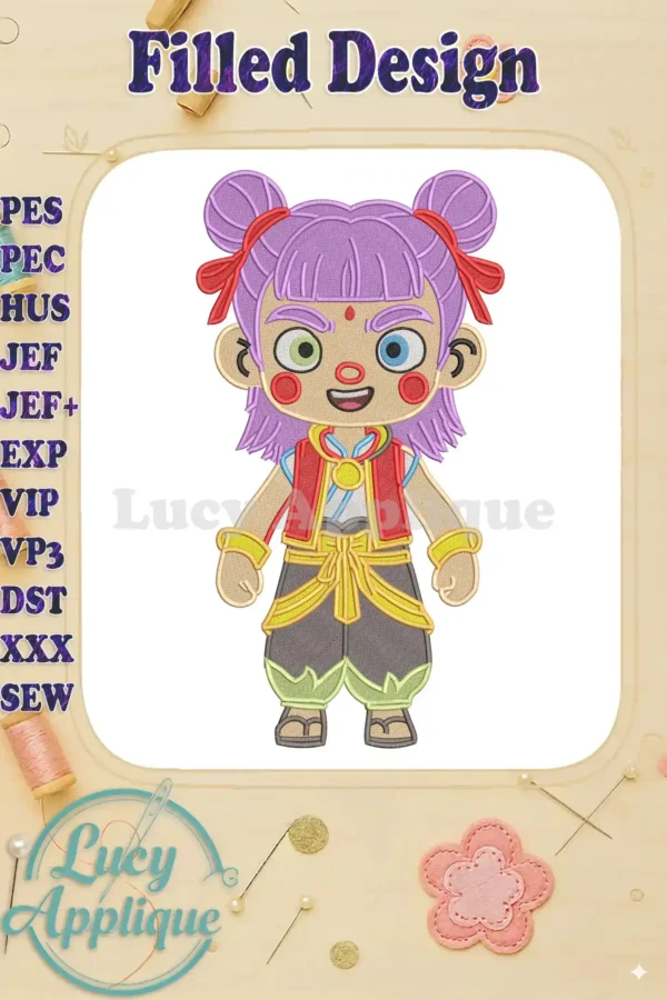 Vibrant Ne Zha 2 fill embroidery design featuring a cheerful, cartoon-style character with purple hair and colorful attire.