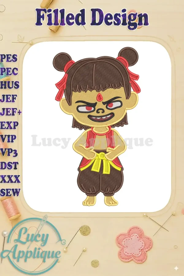 Dynamic Ne Zha 2 fill embroidery design showcasing the character's fierce expression and vibrant details.