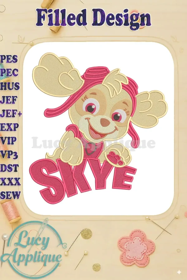 Vibrant Paw Patrol Skye fill embroidery design with her name in bold pink. Perfect for fans of The Dino Movie.
