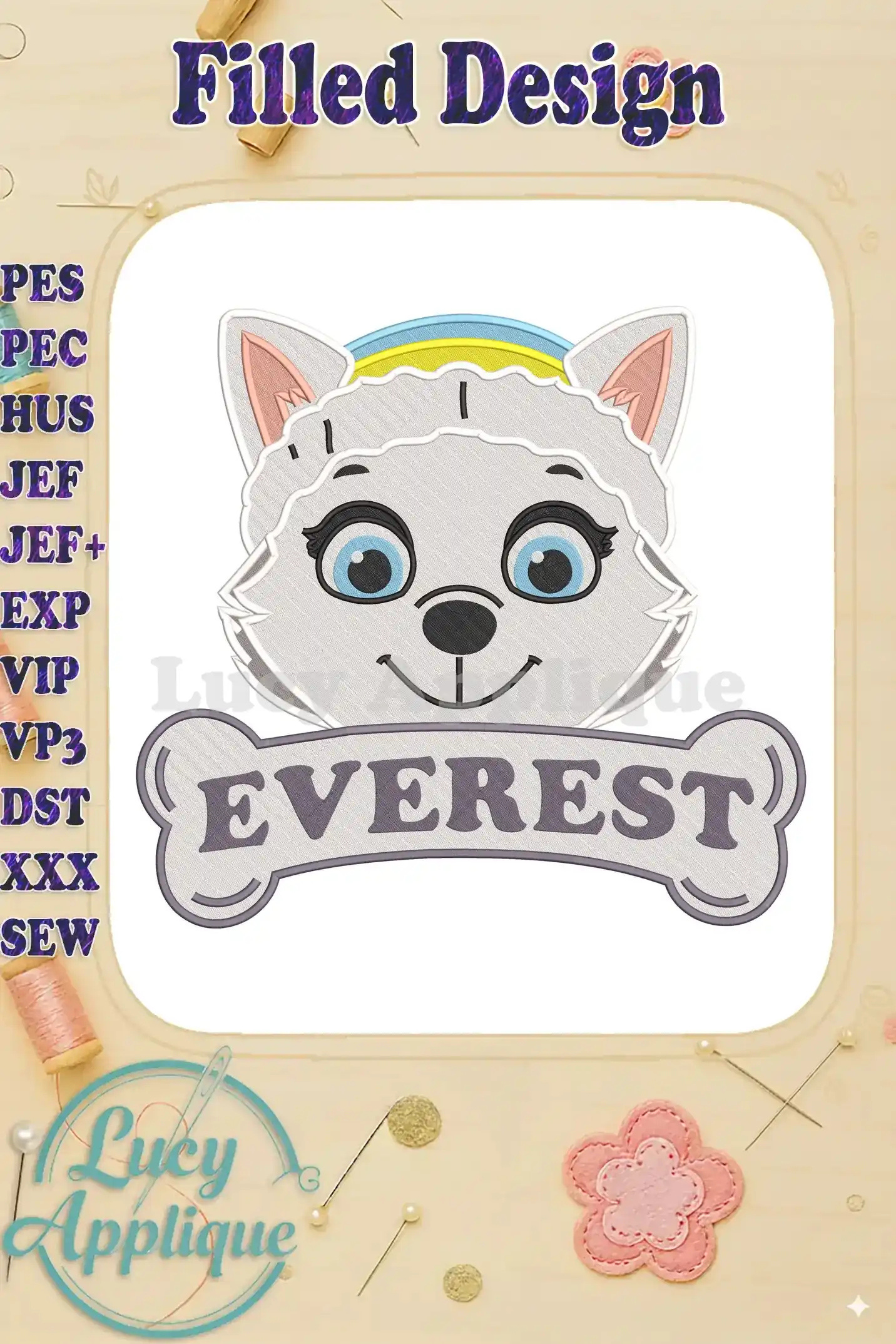A charming fill embroidery design of Everest from Paw Patrol The Dino Movie, featuring her name on a bone.