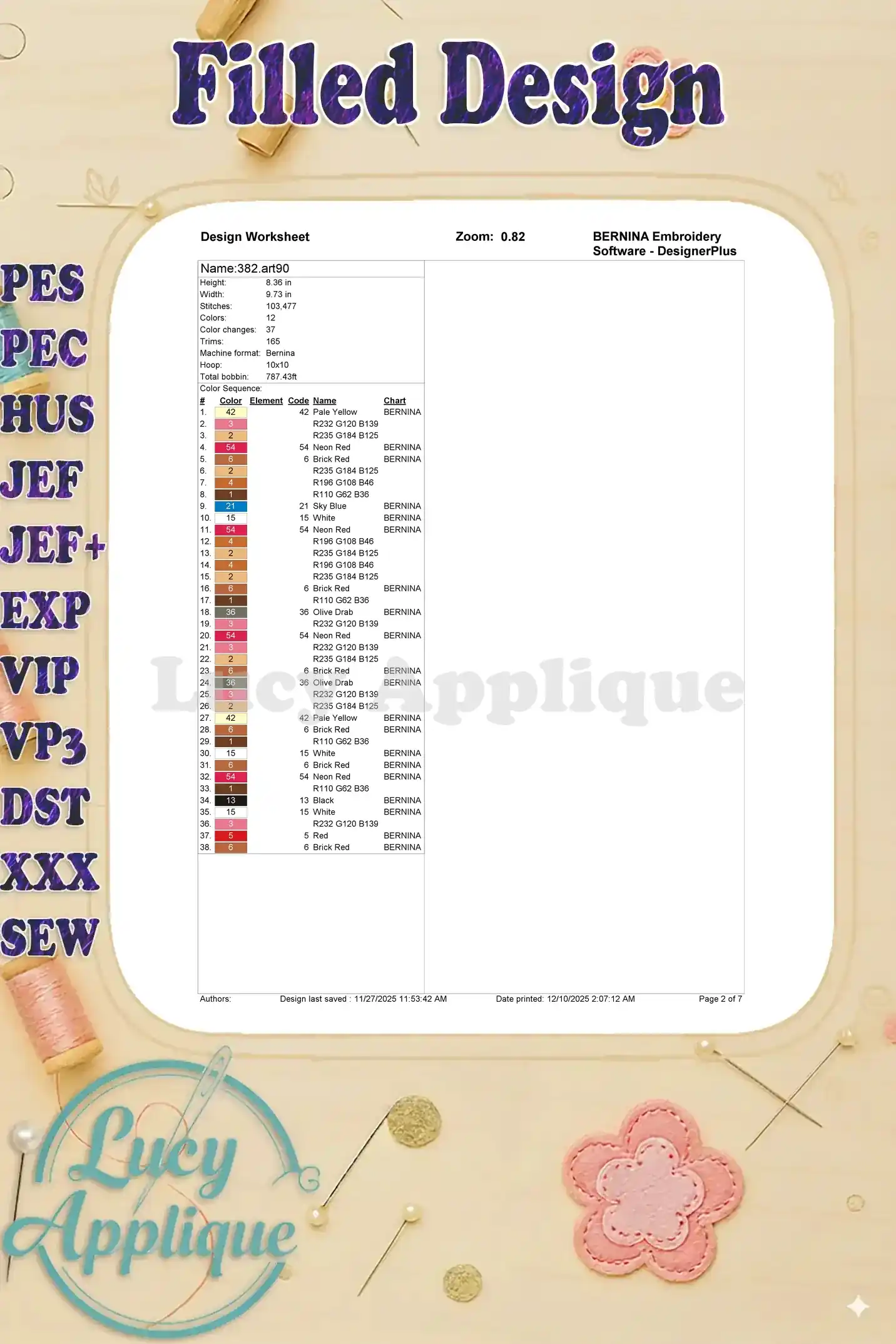 A detailed design worksheet for the Paw Patrol Skye fill embroidery, showing stitches, colors, and dimensions.