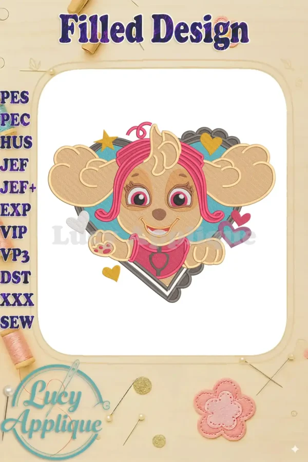 Skye from Paw Patrol's 'Dino Movie' in vibrant fill embroidery, framed by a heart with decorative elements.