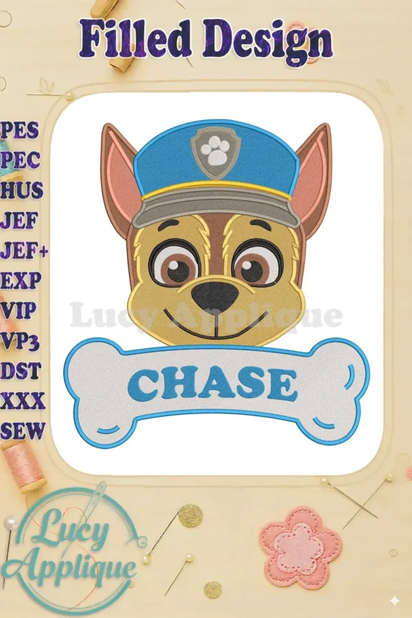 Vibrant fill embroidery of Chase from Paw Patrol The Dino Movie, featuring his police hat and a bone with his name.