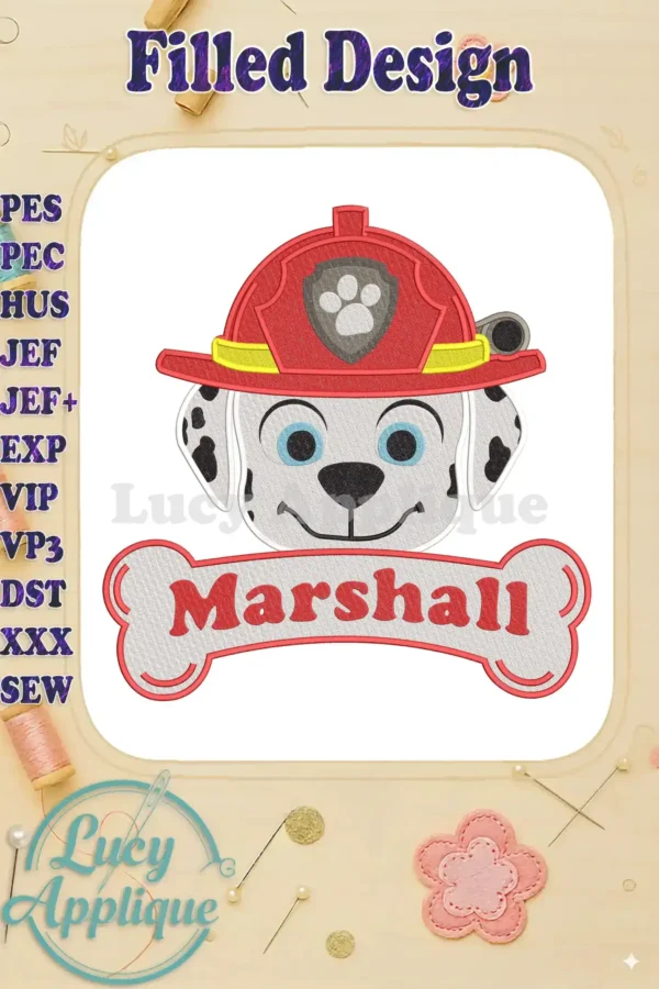 Vibrant Marshall Paw Patrol fill embroidery design featuring his iconic firefighter helmet and name banner, perfect for fans.