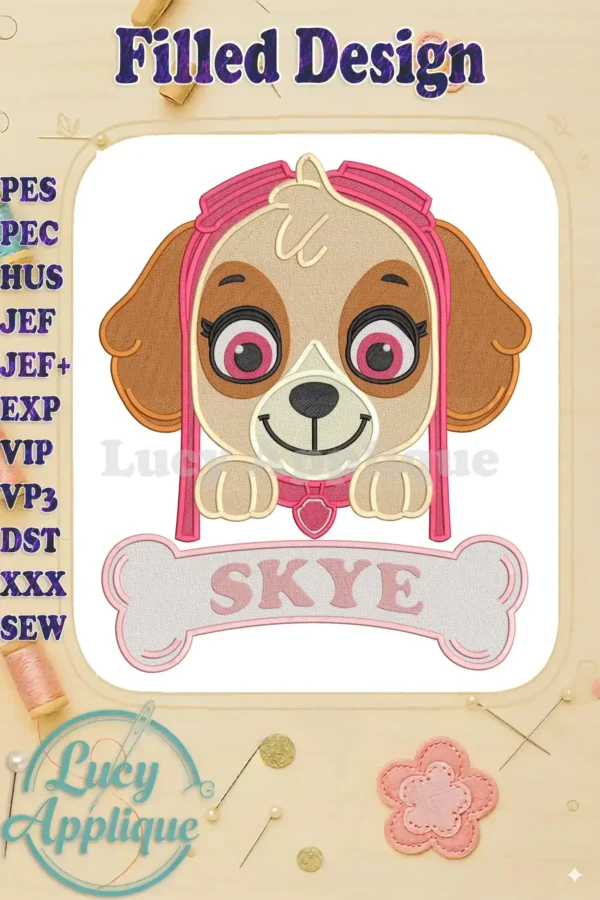 Vibrant Skye from Paw Patrol fill embroidery design, featuring her pilot hat and name on a bone.