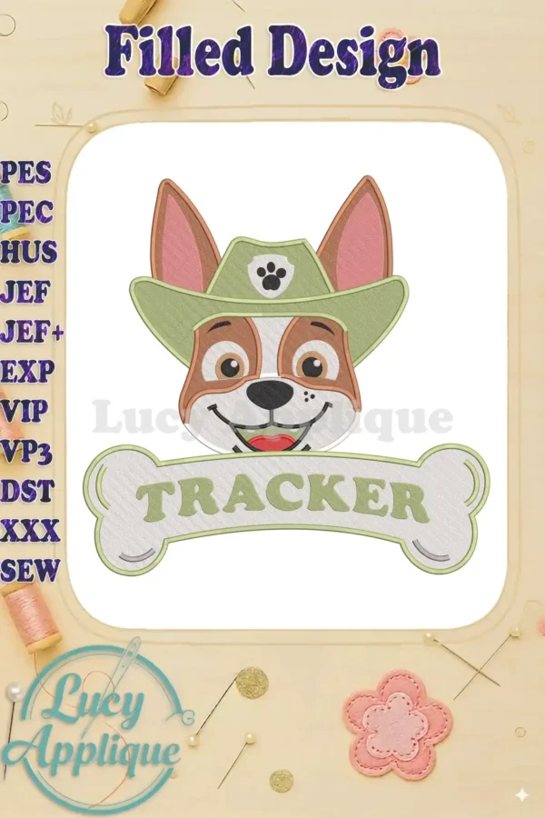 Tracker from Paw Patrol: The Dino Movie fill embroidery design, featuring his face and name on a bone.