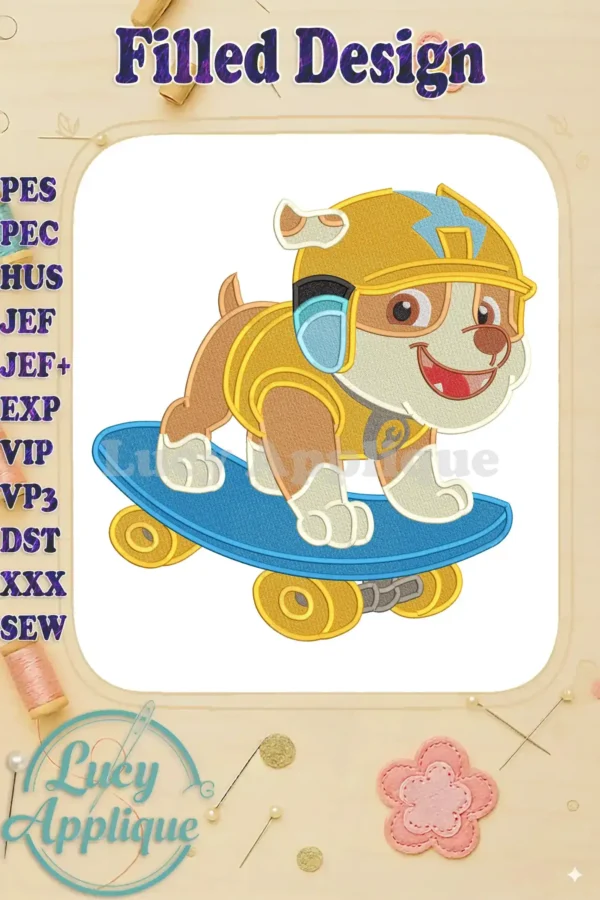 Vibrant fill embroidery of Rubble from Paw Patrol The Dino Movie, skateboarding with a joyful expression.