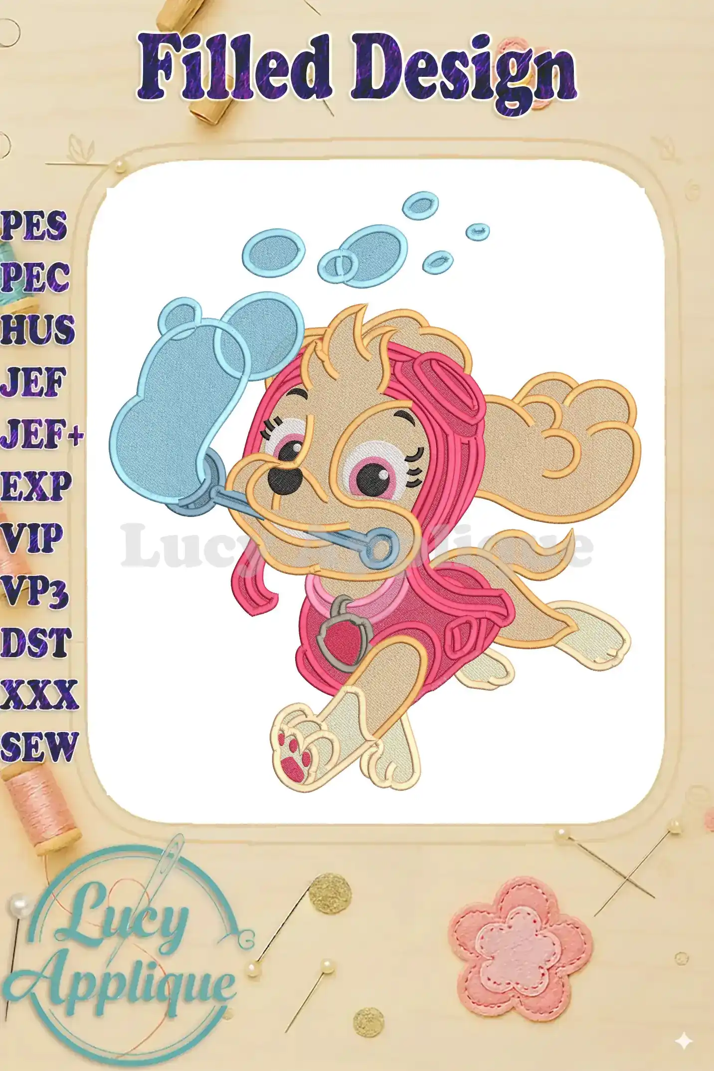Vibrant Paw Patrol Skye fill embroidery design, in a pink scuba suit, blowing blue bubbles underwater.