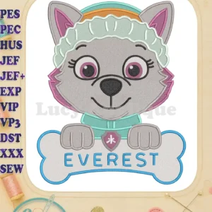 Adorable Everest from Paw Patrol The Dino Movie, a detailed fill embroidery design with her iconic winter hat and name on a bone sign.