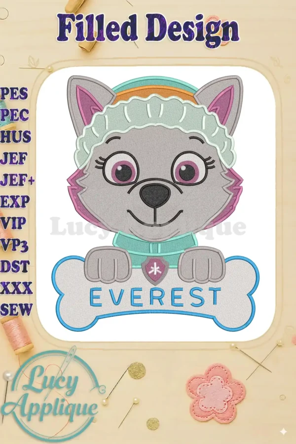 Adorable Everest from Paw Patrol The Dino Movie, a detailed fill embroidery design with her iconic winter hat and name on a bone sign.