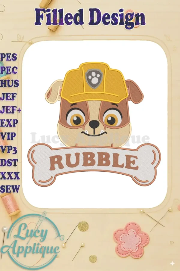 Rubble from Paw Patrol The Dino Movie in a detailed fill embroidery design, featuring his iconic hat and name.