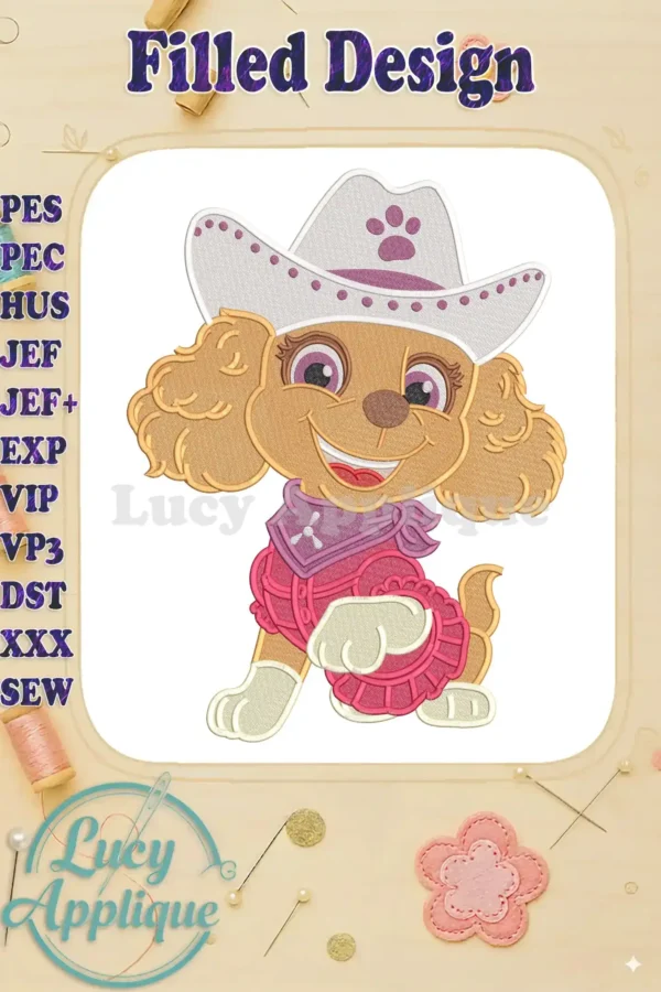 Vibrant fill embroidery of Skye from Paw Patrol The Dino Movie, dressed as a cheerful cowgirl with a paw print hat.