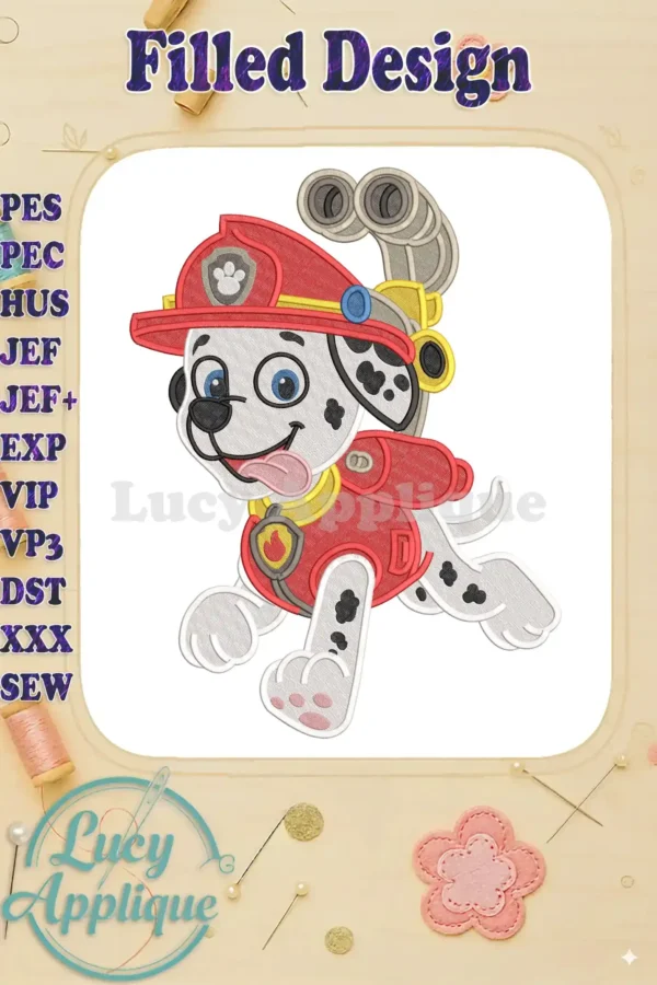 Vibrant Marshall fill embroidery design from Paw Patrol The Dino Movie, featuring his iconic firefighter gear and a dynamic pose.