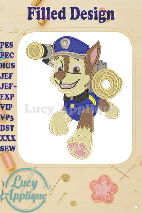A detailed fill embroidery design of Chase from Paw Patrol The Dino Movie, wearing his police uniform and holding binoculars, ready for action.