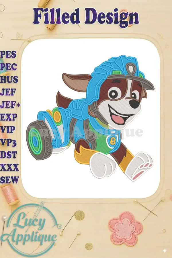 Dynamic Tracker from Paw Patrol The Dino Movie, in a vibrant blue fill embroidery design, ready for adventure.