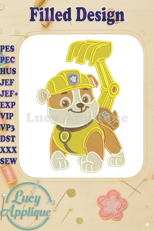 Detailed fill embroidery of Rubble from Paw Patrol: The Dino Movie, showcasing his iconic uniform and digger.
