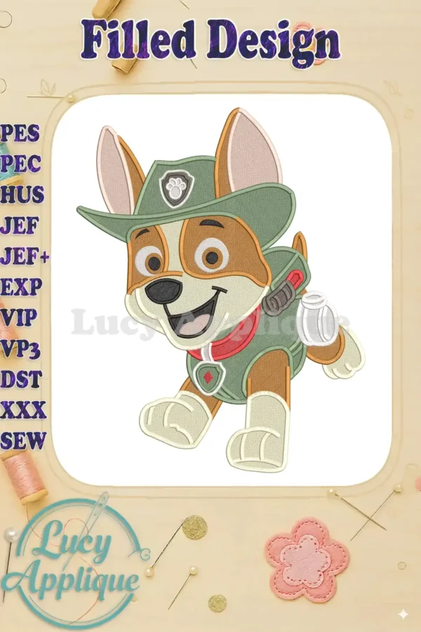 Tracker from Paw Patrol The Dino Movie, a vibrant fill embroidery design ready for your next project.