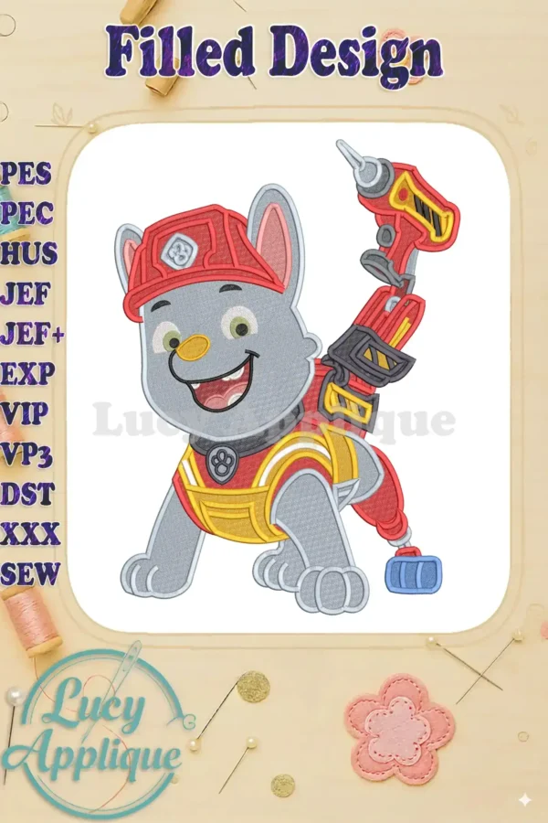 A vibrant fill embroidery of Paw Patrol's Rocky in his Dino Movie gear, featuring a happy expression and detailed tools.