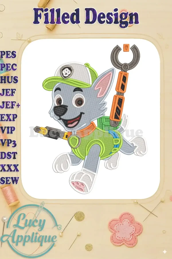 Rocky from Paw Patrol The Dino Movie in his rescue gear, a vibrant fill embroidery design ready for machines.