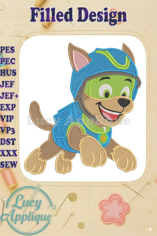 Full embroidery design of Chase from Paw Patrol The Dino Movie, smiling and running in his superhero outfit.