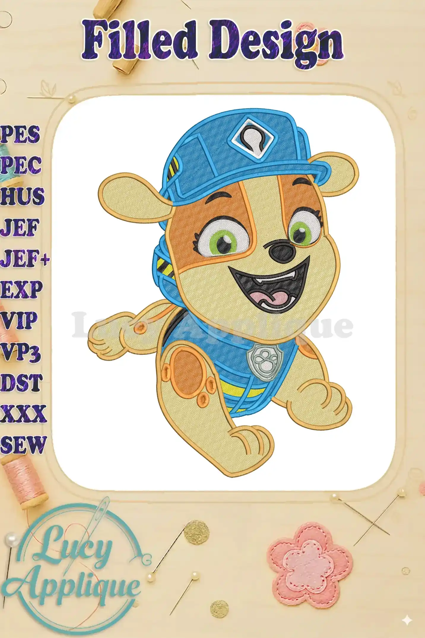 Vibrant Paw Patrol The Dino Movie fill embroidery design featuring an excited pup in blue rescue gear.