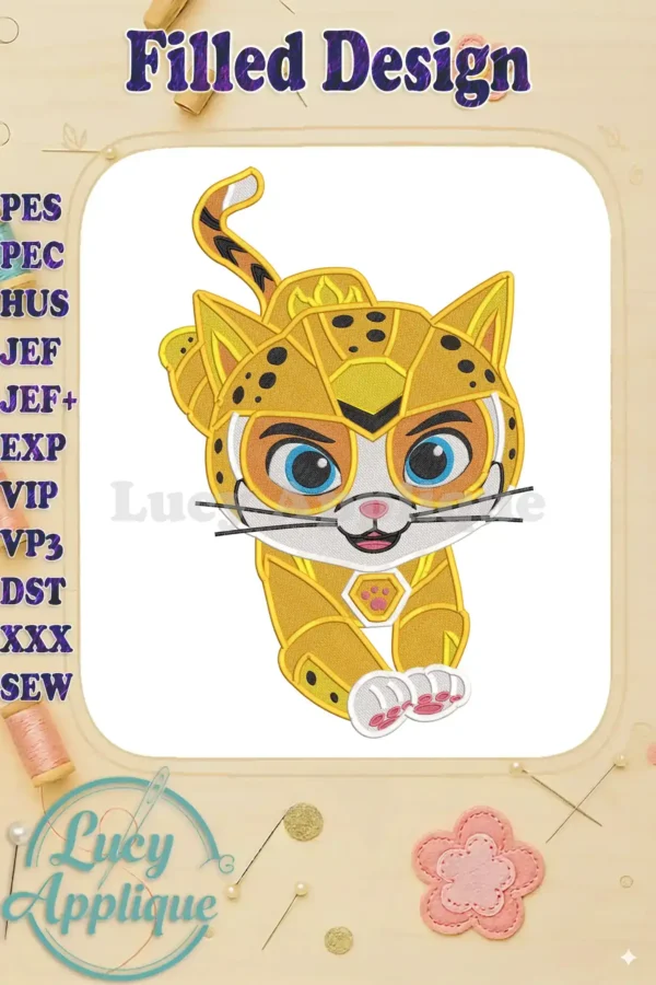 Vibrant Wild Cat fill embroidery design from Paw Patrol The Dino Movie, featuring armored details and bright colors.