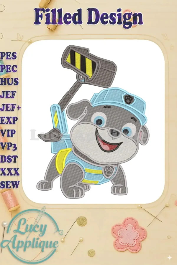 Full embroidery design of Rubble from Paw Patrol: The Dino Movie, smiling and holding his dino-themed tool.