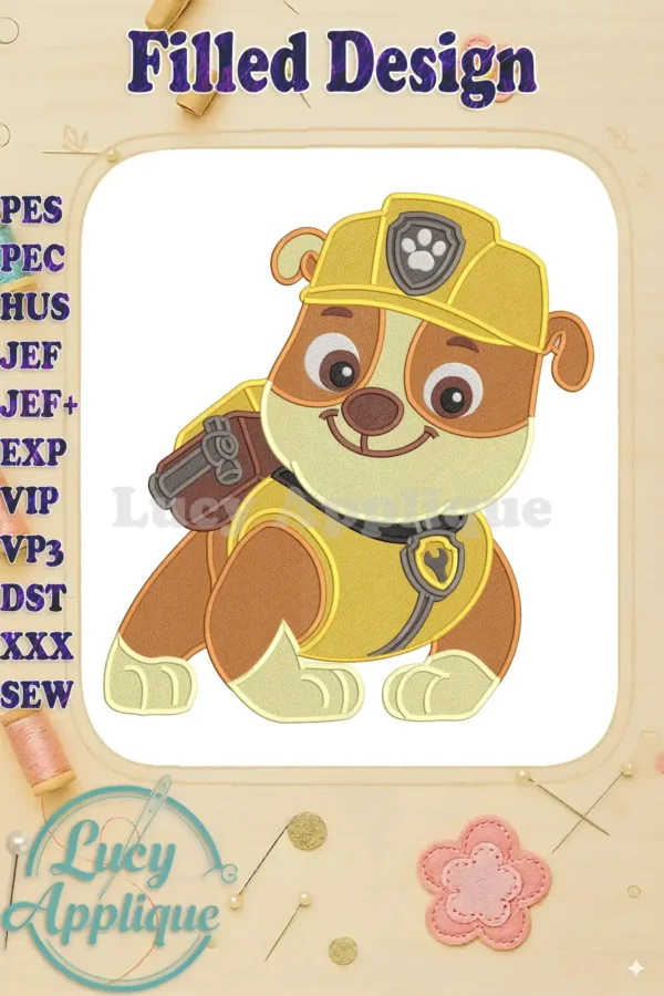 Detailed fill embroidery of Rubble from Paw Patrol The Dino Movie, showcasing his iconic yellow uniform and friendly face.