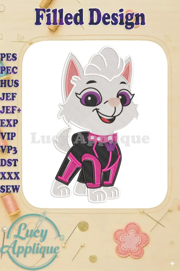 Liberty from Paw Patrol The Dino Movie, a smiling white husky in a black and pink fill embroidery design.