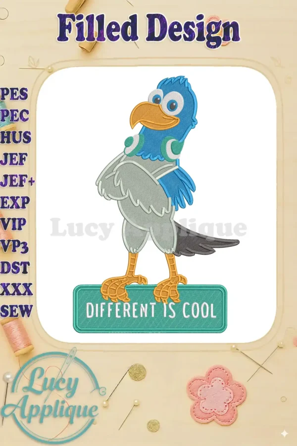 Pierre the Pigeon-Hawk fill embroidery design, a confident bird with crossed arms on a 'Different Is Cool' sign.