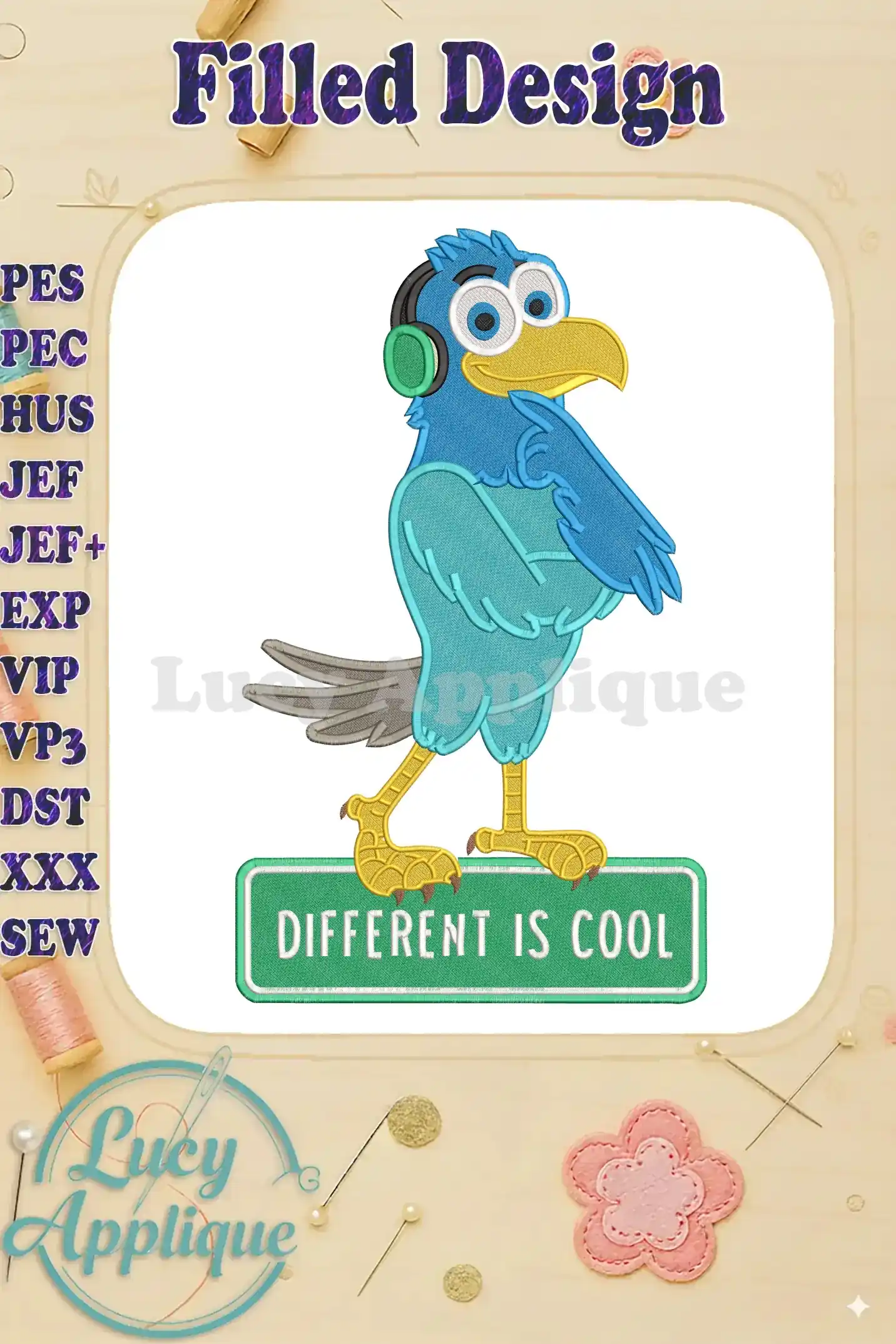 Pierre the Pigeon-Hawk wearing headphones, walking on a 'DIFFERENT IS COOL' sign, vibrant fill embroidery.