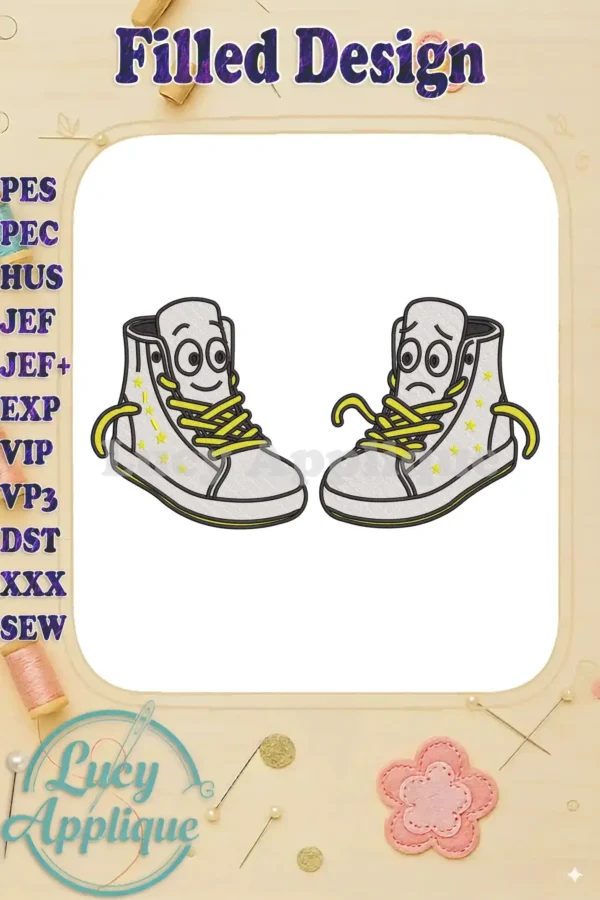 Two personified high-top sneakers, one happy and one worried, rendered in detailed fill embroidery with yellow accents.