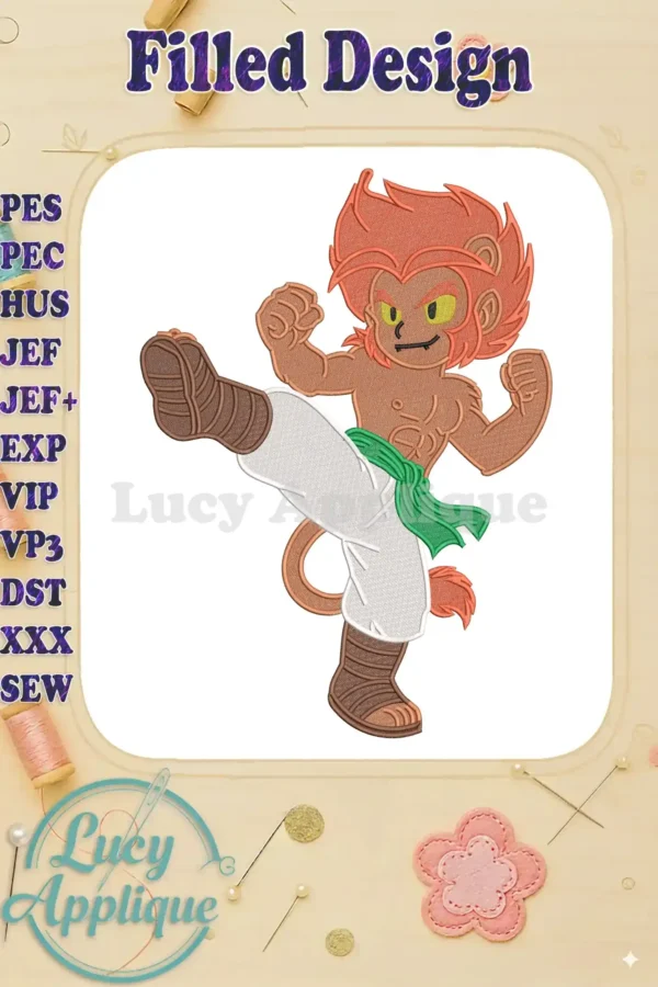 Vibrant fill embroidery of a legendary monkey warrior in a dynamic martial arts pose, featuring rich colors and detailed stitching.