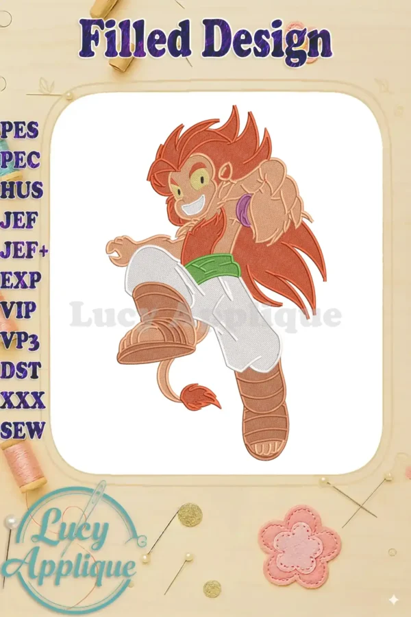 Dynamic fill embroidery design of a muscular, lion-like legendary warrior with a fierce smile and spiky mane.