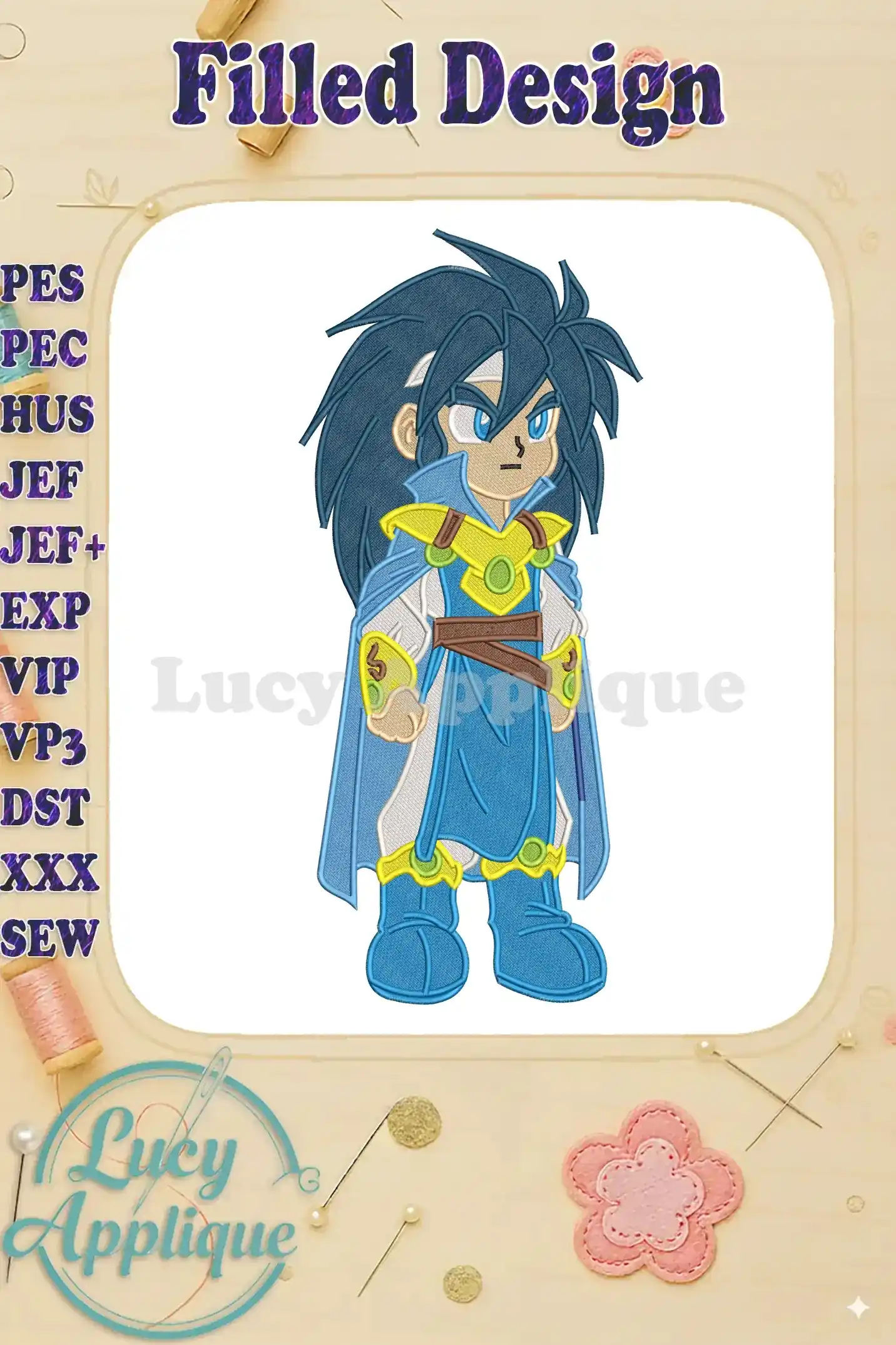 A detailed fill embroidery design of a blue-haired legendary character in a blue and gold outfit, showcasing vibrant colors.