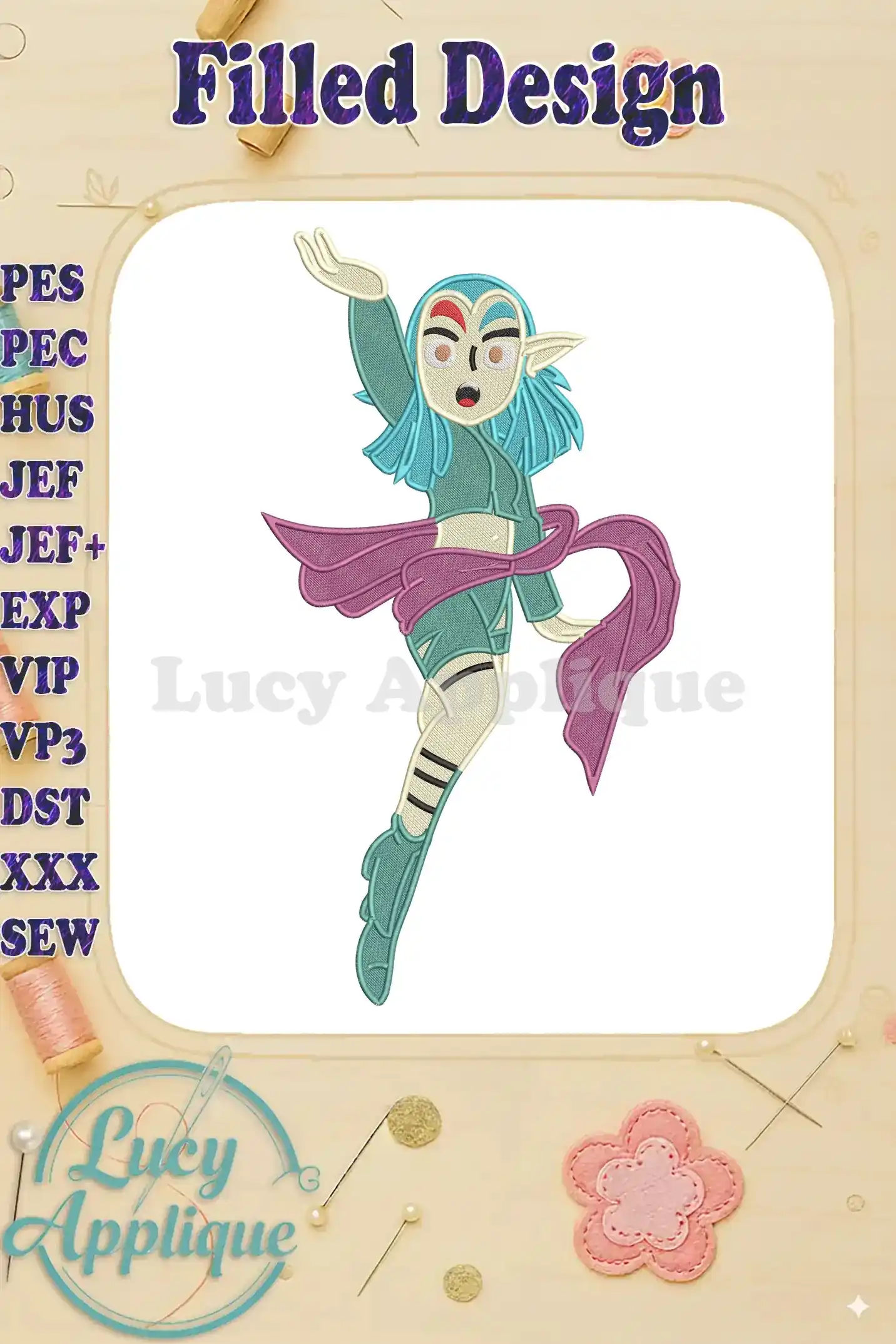 A stunning fill embroidery design featuring a blue-haired elf character with a flowing pink sash, part of 'The Legendaries'.