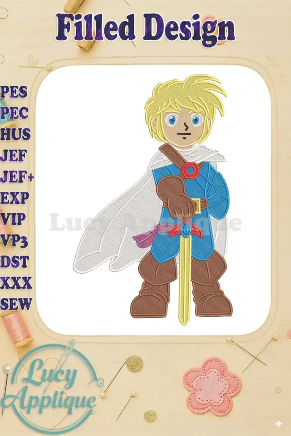 A striking fill embroidery of a blonde, blue-eyed hero in blue armor, white cape, holding a golden sword.