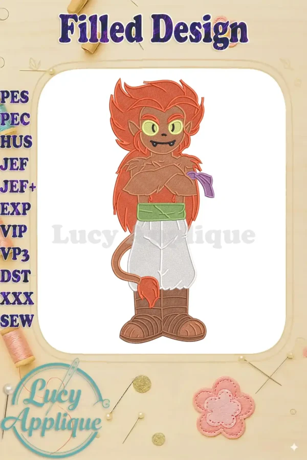 A detailed fill embroidery of Great Saiyaman 4, featuring vibrant orange fur, green eyes, and iconic attire.