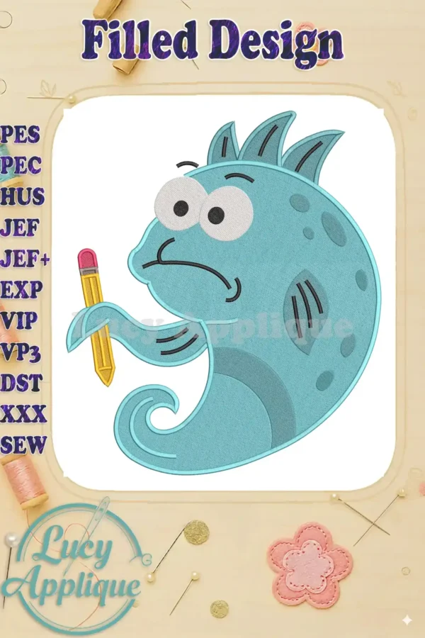 A charming Pout-Pout Fish fill embroidery design in vibrant blue, holding a yellow pencil with a pink eraser.